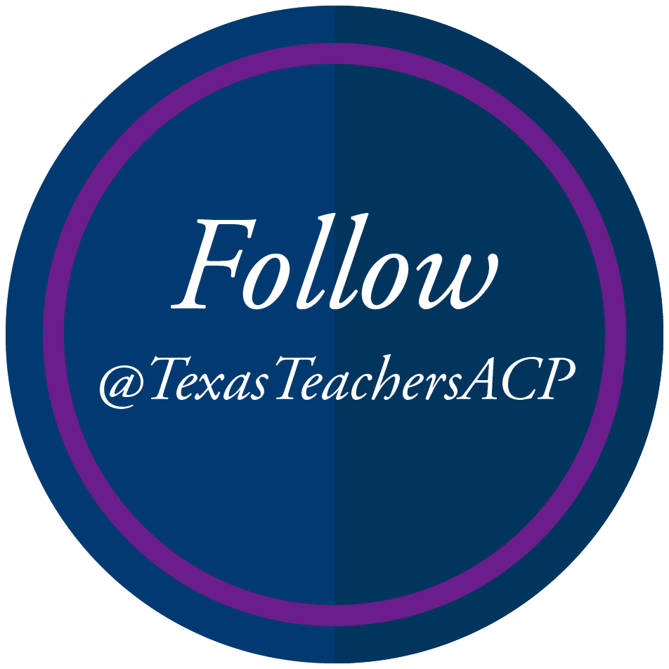 Blue Circle; describes second step to enter to win the #NextTexasTeacher scholarship. Contains text that says "Follow @TexasTeachersACP"