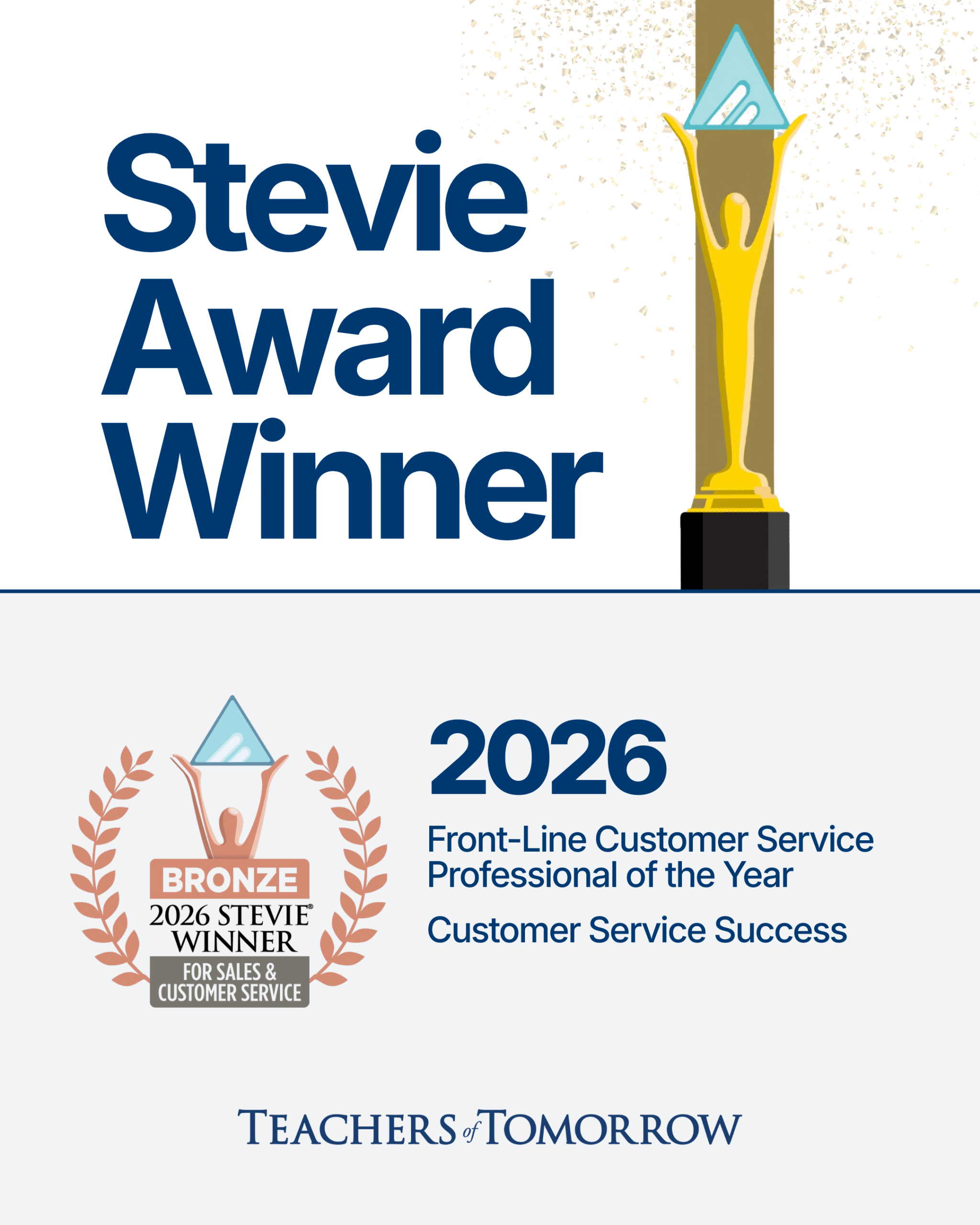 Image shows the Stevie Awards trophy and highlights the company's win in two categories.