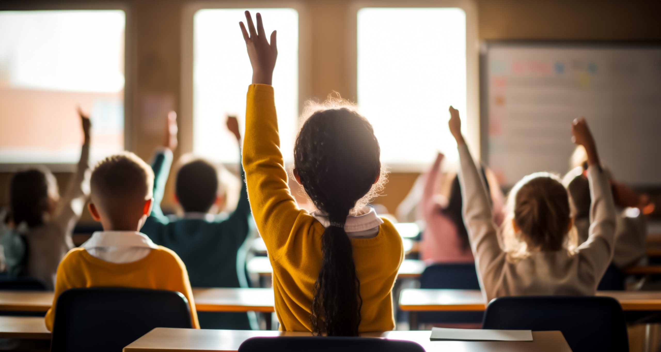 Children in classroom raising their hands. An example of classroom where a teacher with a provisional teaching certificate may teach.